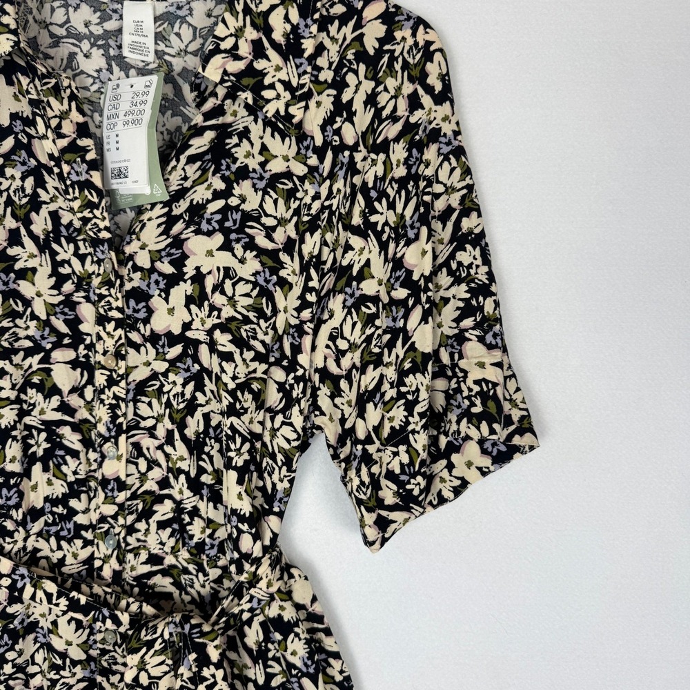 H&M Black Floral Tie-Belt Shirt Dress Womens Medium NWT Short Sleeve Midi Button - Picture 13 of 16